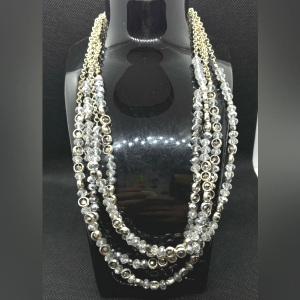 WHBM Multi-strand Beaded Crystal Necklace Silver & Hematite Tone